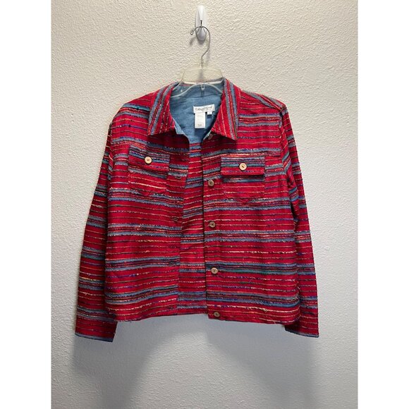 Coldwater Creek Red Multicolor Striped Jacket Button Front Cotton Blend Long Sle - Picture 7 of 7